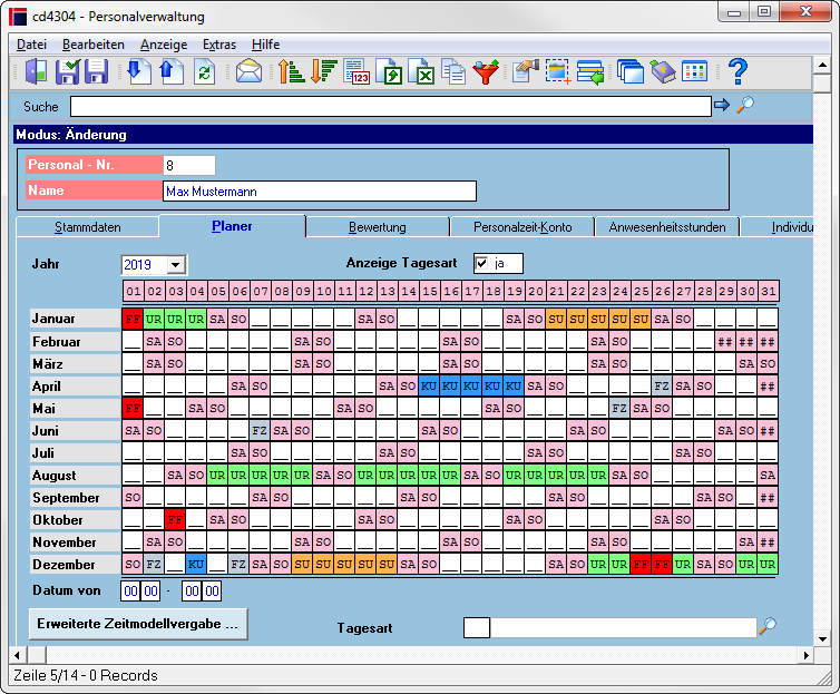 Personalverwaltung mit Tagesarten in cimERP. Screenshot.