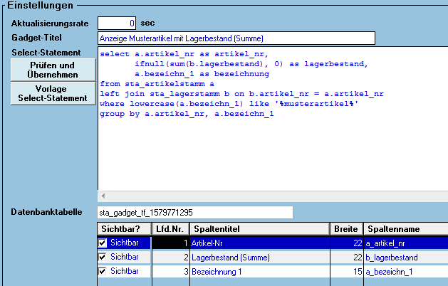Dashboard Tabellenkonfiguration in cimERP. Screenshot.